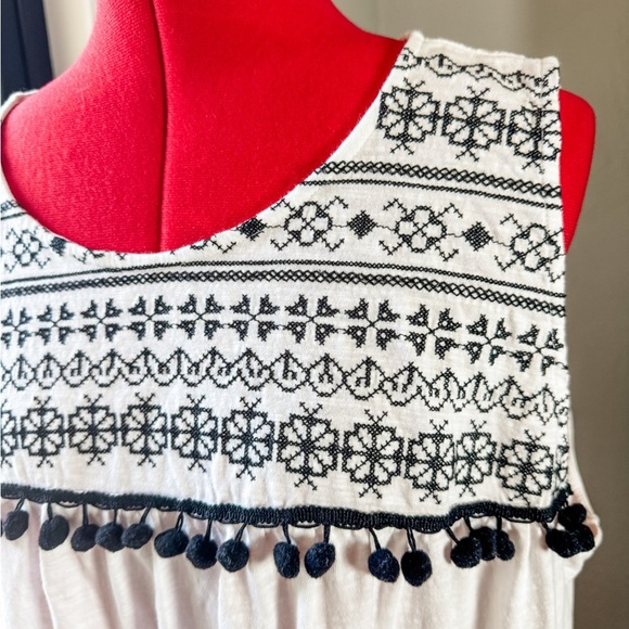 Caslon 100% Cotton Embroidered Pom Fringe Tank Top 2X White Black Boho - Picture 2 of 5